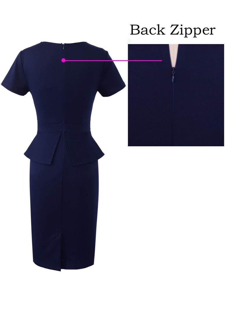 VFSHOW Womens Dark Blue Pleated Crew Neck Peplum Work Business Office Church Bodycon Pencil Sheath Dress 3593 BLU S - Image 4